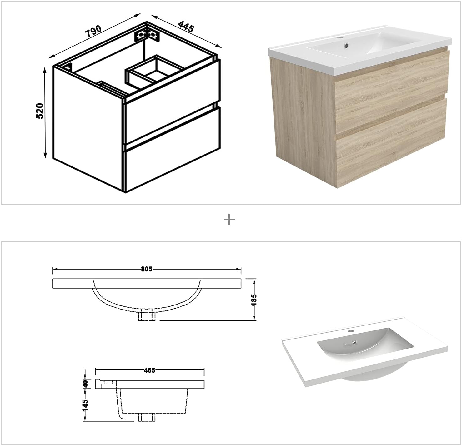 AICA Ensemble Meubles Salle de Bain 80cm Vasque + Colonne + Miroir Rond Lumineux Chêne Wotan – Image 4