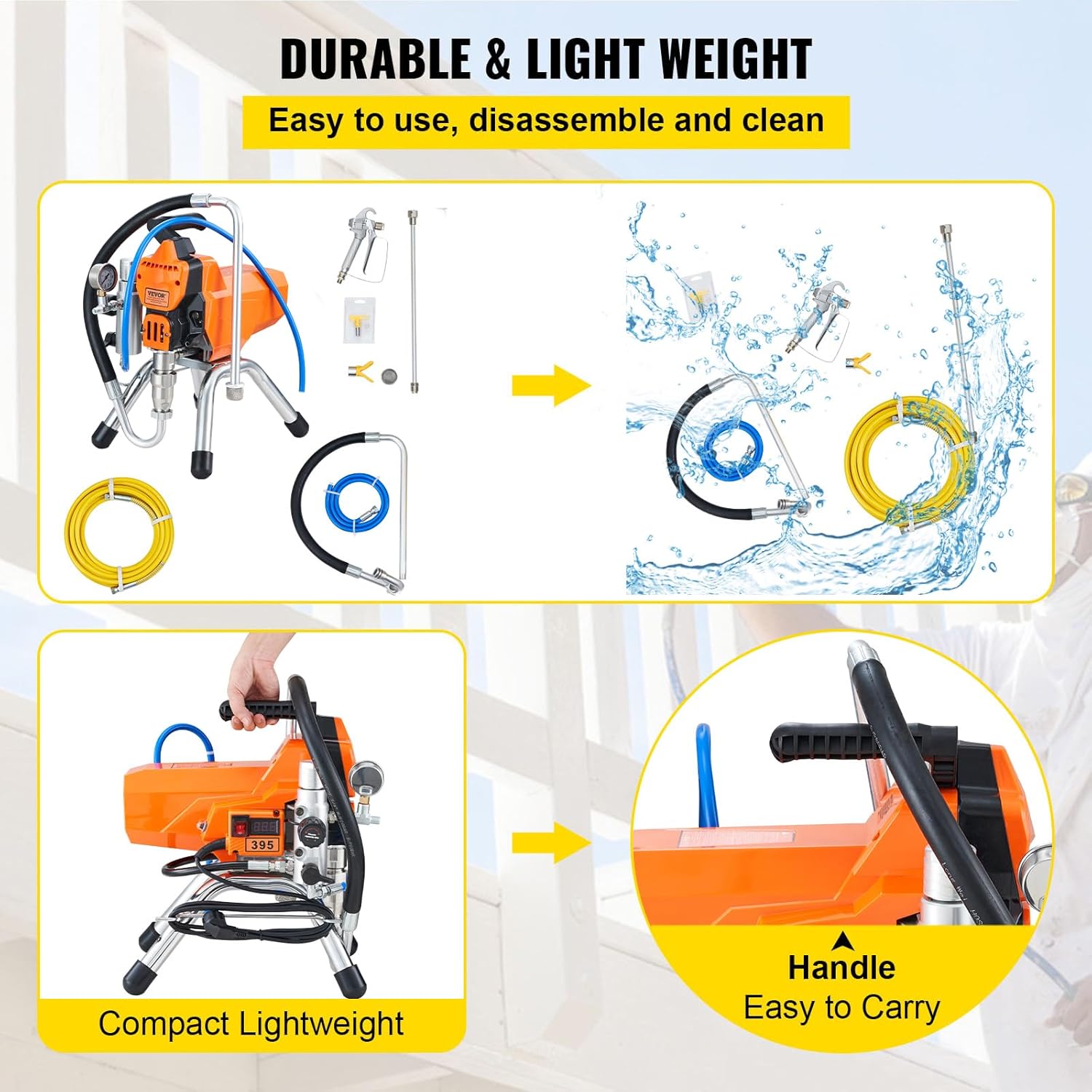 VEVOR Pulvérisateur sans Air avec Tuyau Haute Pression, Pistolet de Peinture Murale 2200 W, 3000 PSI, 2 L/Min, Moteur sans Balais Inclus, pour Peinture Intérieure Extérieure Fournitures Clôtures – Image 5