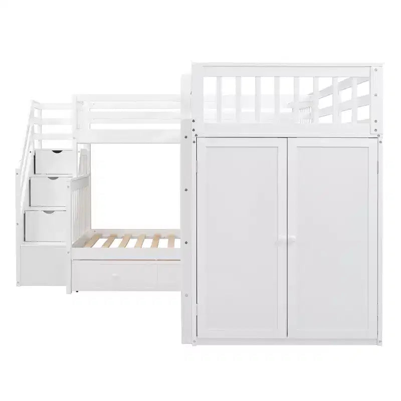 Whisen Modern Design Twin over Full L-Shaped Bunk Bed With 3 Drawers, Portable Desk and Wardrobe – Image 71