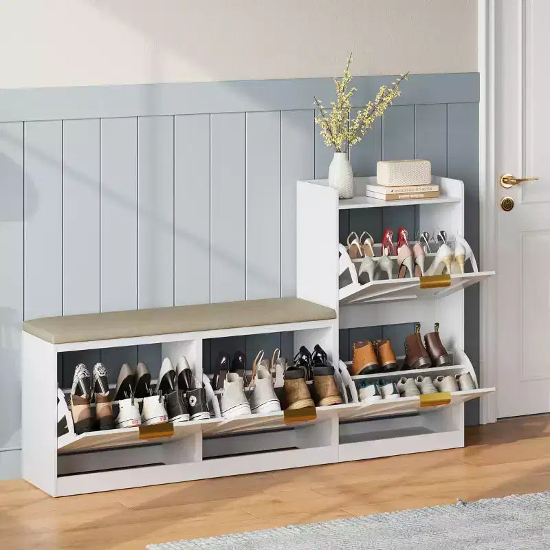 Shoe Storage Cabinet with Bench & 4 Flip Drawers - Narrow Entryway Organizer for 35-40 Pairs – Image 30