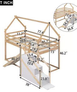 Alternative view of House Bunk Beds with Slide and Storage Stairs, Kids Wood Twin over Twin Bunk Bed with Roof and Stairs for Girls Boys