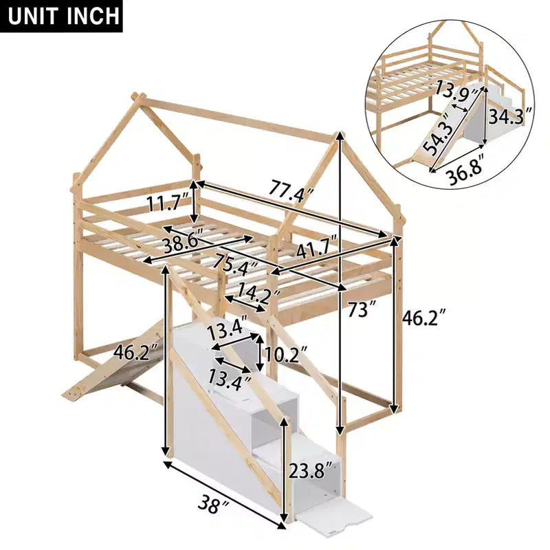 House Bunk Beds with Slide and Storage Stairs, Kids Wood Twin over Twin Bunk Bed with Roof and Stairs for Girls Boys – Image 2