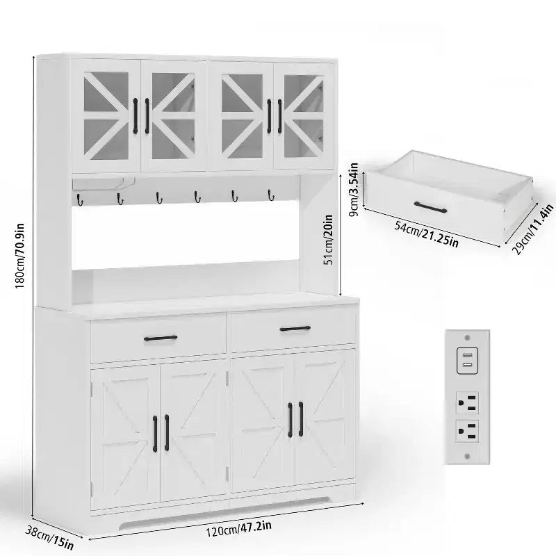 Dyonery white minimalist food storage cabinet, with glass cabinet doors, features 8 spacious storage zones and 2 drawers. – Image 2