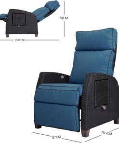 Alternative view of Grand patio Chaise longue inclinable à position réglable avec table rabattable et coussin pour jardin, cour, terrasse, extérieur – Coussin bleu paon et osier marron