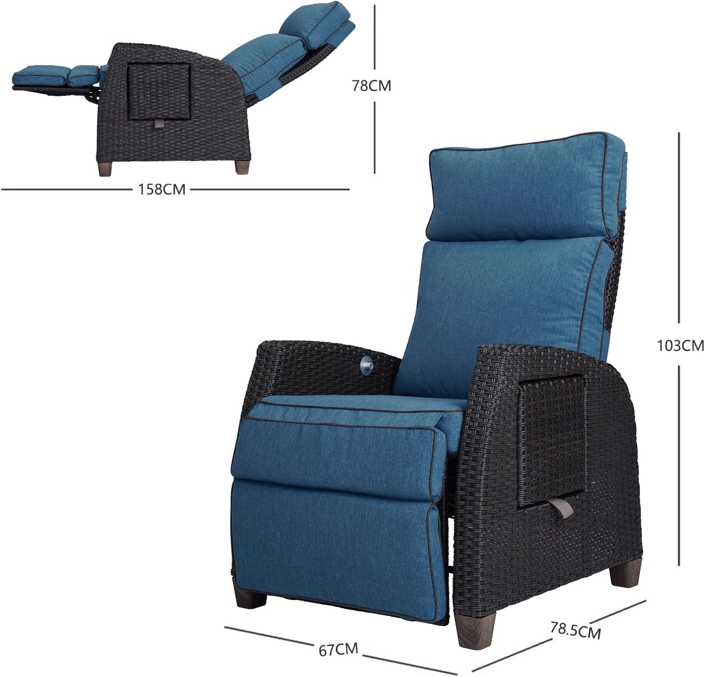 Grand patio Chaise longue inclinable à position réglable avec table rabattable et coussin pour jardin, cour, terrasse, extérieur – Coussin bleu paon et osier marron – Image 2