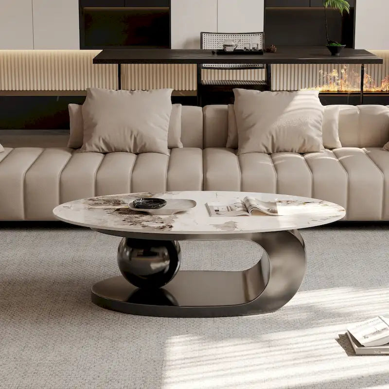 51 Modern Pandora Oval Coffee Table with Glossy Sintered stone top, Luxury Coffee Table, Stainless Steel Legs for Livingroom – Image 12