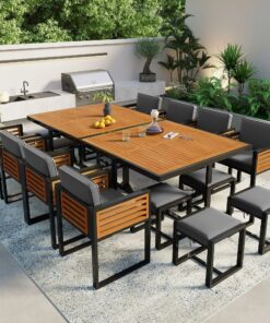 18-Pieces Acacia Wood Patio Dining Set, 8 Cushioned Chairs & 8 Ottomans & 2 Square Table