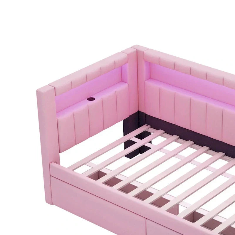 Upholstered Platform Bed with USB Ports & LED Lighting - Full/Twin Size Bed Frame with 2 Storage Drawers - Modern Bedroom – Image 22