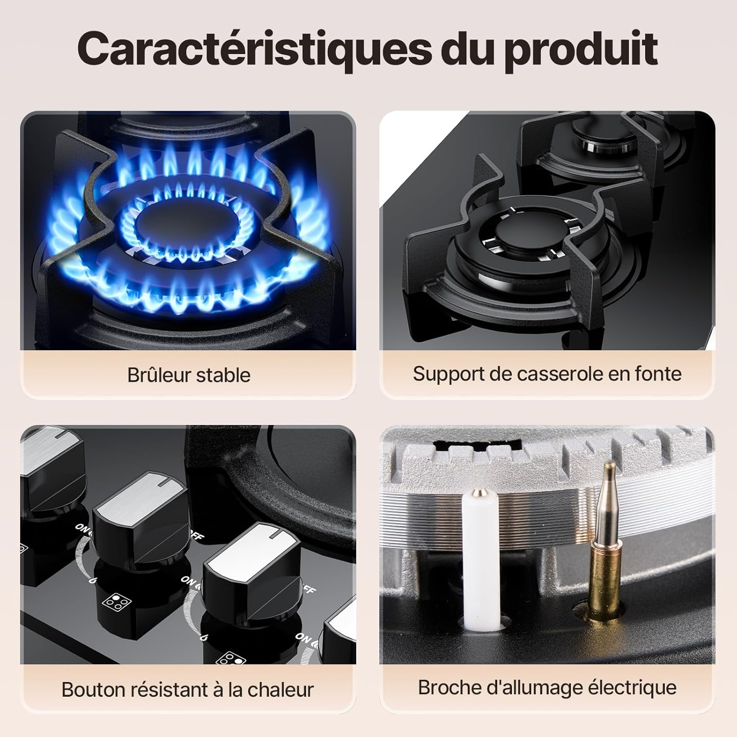 Plaque de Cuisson Gaz 4 Feuxs, Plaque Gaz 4 Feuxs Encastrable, Table de Cuisson 60cm, Grille Fonte, 7800W, Gazs Ville et Bouteille, Verre Noir – Image 7