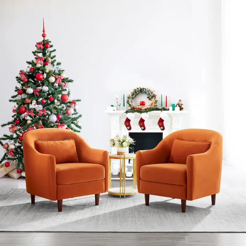 28.34W Set Of 2 Accent Armchair, Velvet Barrel Chair with Solid Wood Legs – Image 4