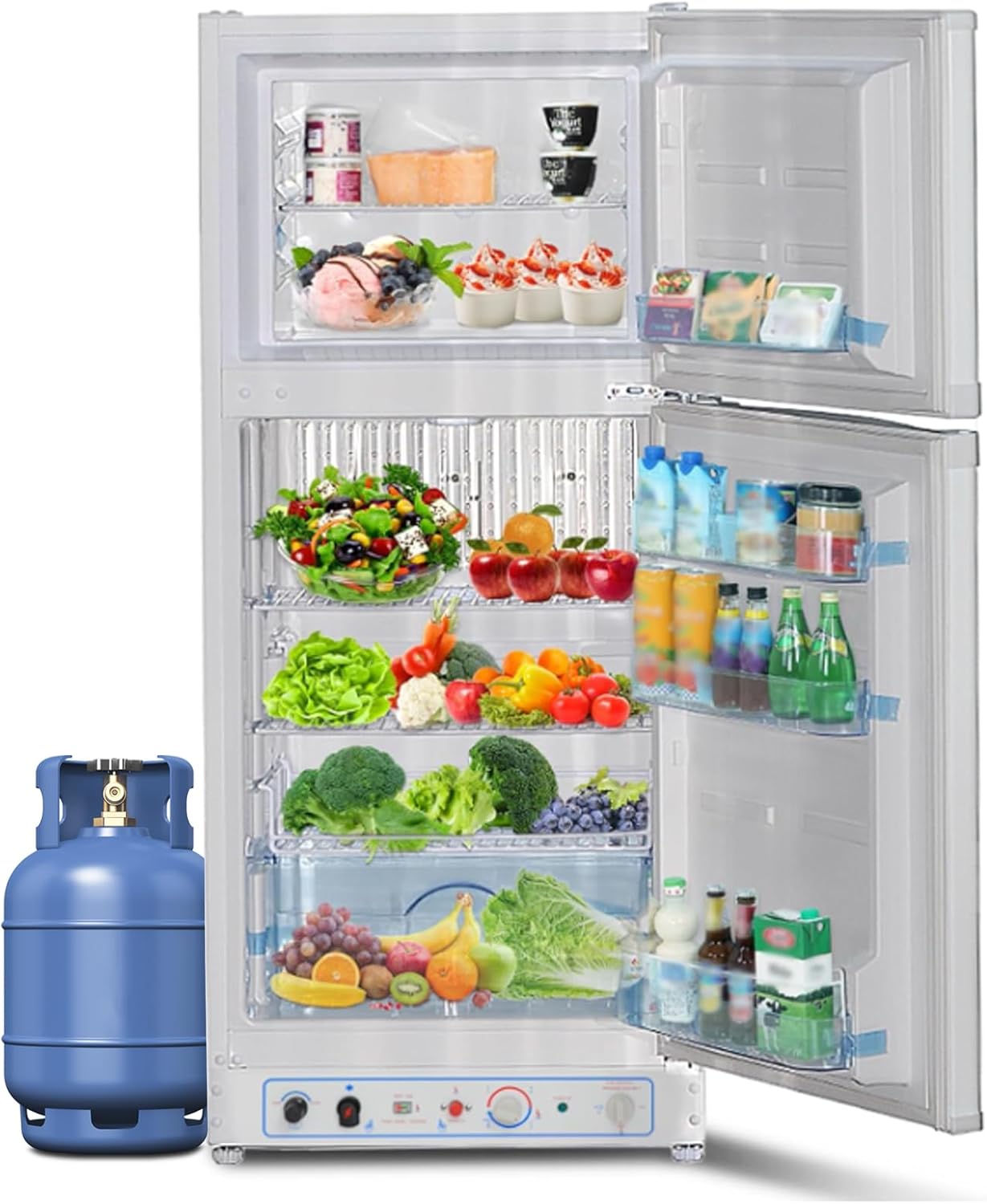 Frigo Congélateur Gaz/220V, Frigo Congélateur Combiné 175 litres (129+46), Réfrigérateur Congélateur Camping Gaz, Silencieux pour Gîte, Garage, Cabanon, Chalet, Mobile-home, Blanc
