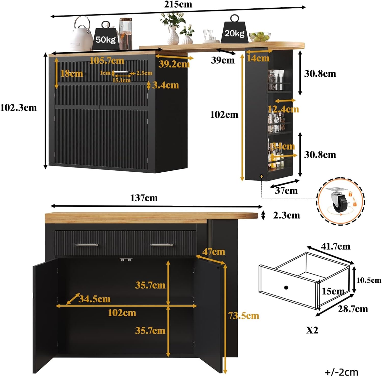 KOMHTOM Table de Bar Extensible avec Espace de Rangement, Meuble Bar avec 2 Portes en Verre, Rotation Libre à 360 °, étagères latérales (Noir-3) – Image 2