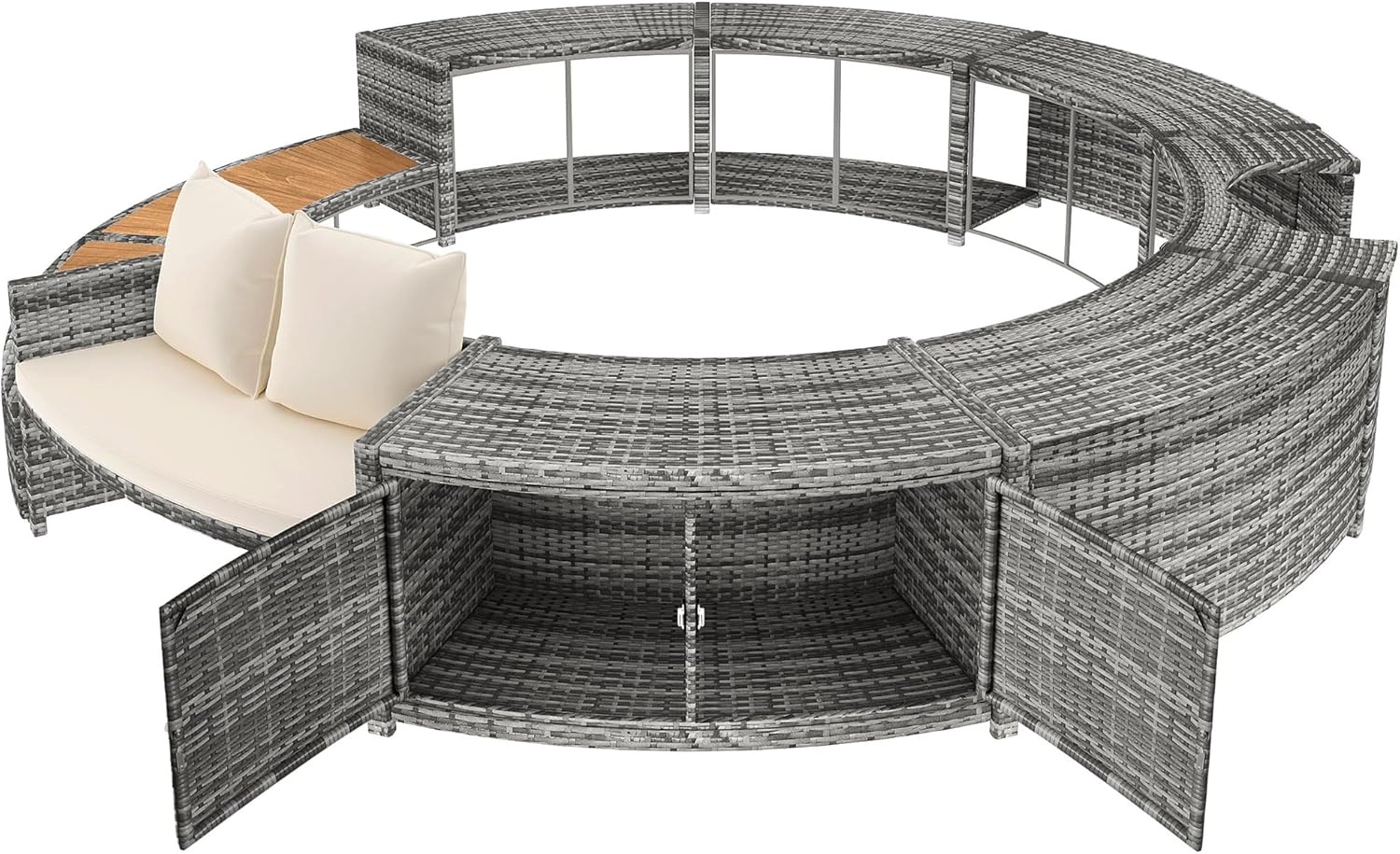 Spa Piscine Salon de Jardin Bordure de Piscine PE Gris Rotin et Bois d'acacia avec Espace de Rangement Salon Salon pour Jacuzzi et Piscine – Image 6