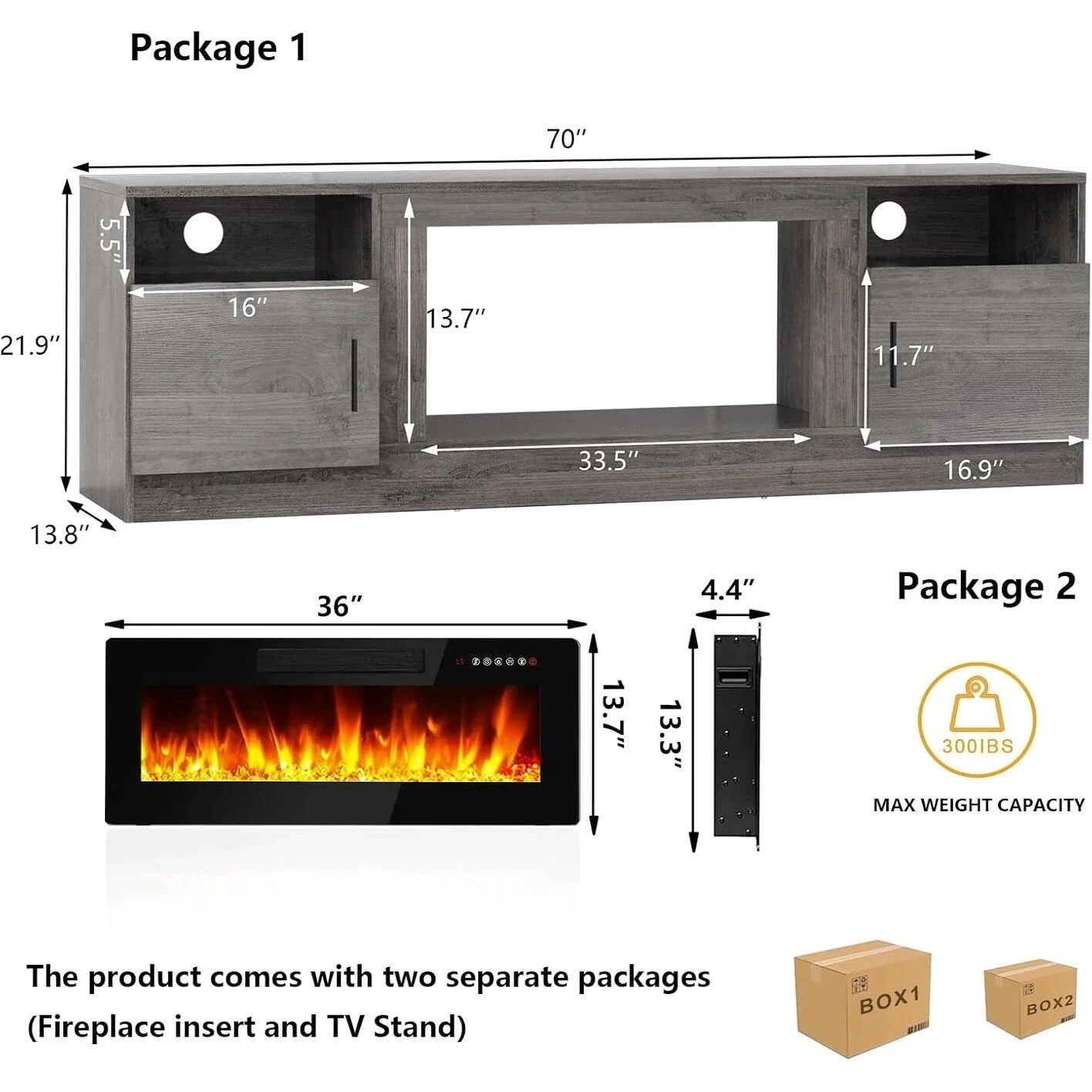 Bossin 70 Fireplace TV Stand with 36 Electric Fireplace, TV Stand for TVs Up to 80, 16 Colors LED Lights/Entertainment Center – Image 24