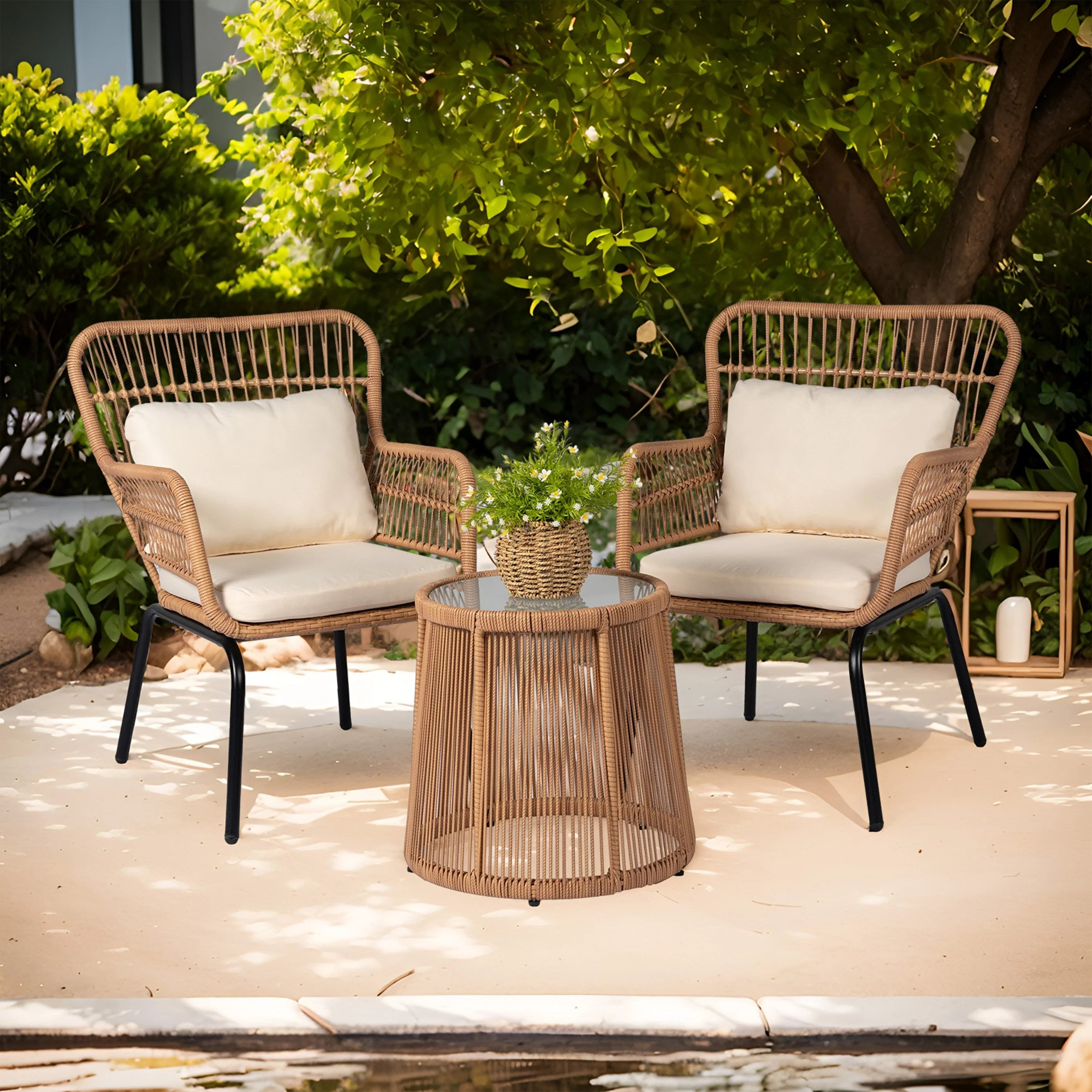 3 Piece Outdoor Wicker Conversation Bistro Set, All-Weather Rattan Furniture Patio Chairs Set with Cushions – Image 7
