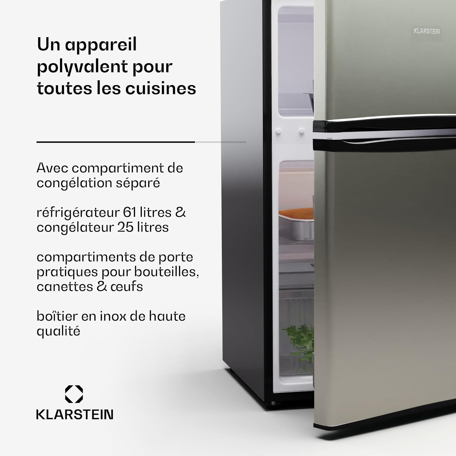 KLARSTEIN Big Daddy Cool - Frigo réfrigérateur, réfrigérateur combiné, Compartiment bouteilles, Bac légumes, Eclairage intérieur, Look moderne, Nettoyage facile, Pieds réglables, 86 L - Argent – Image 2