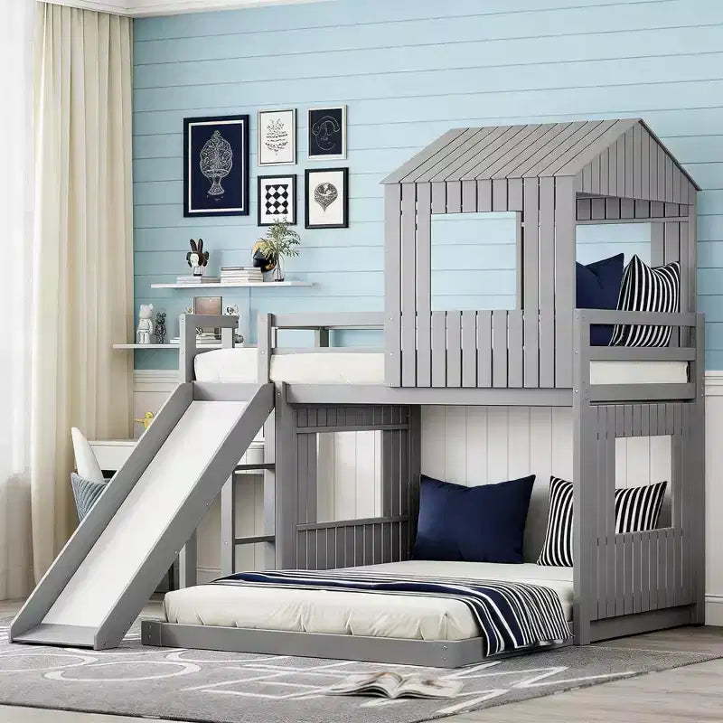 Luxystar Twin Over Full Wood Bunk Bed with Playhouse, Slide and Guardrails – Image 12