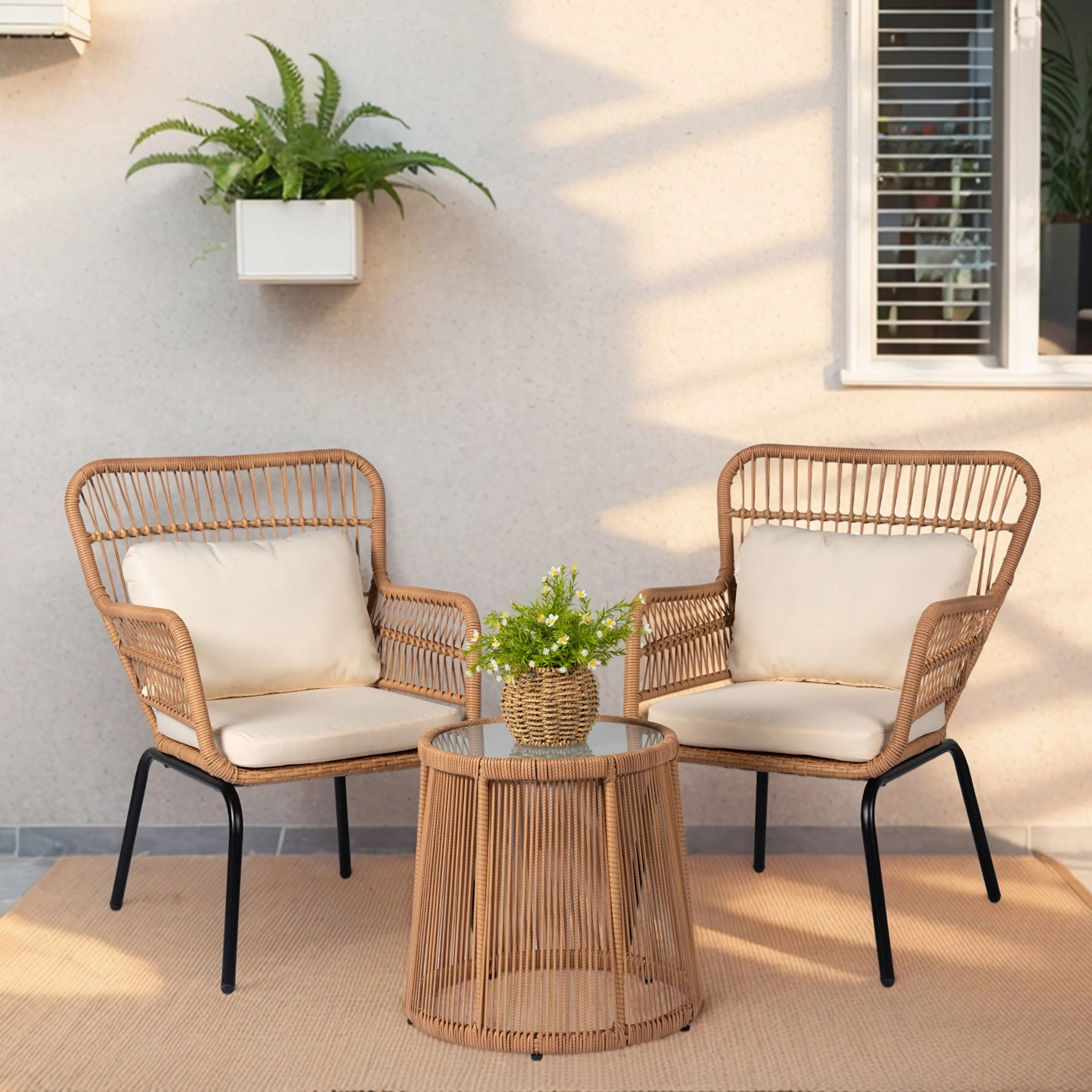 3 Piece Outdoor Wicker Conversation Bistro Set, All-Weather Rattan Furniture Patio Chairs Set with Cushions – Image 28