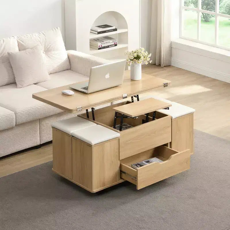 Zeus & Ruta Multi-Function Modern Lift-Top Coffee Table with Hidden Storage, 4 Stools and Casters, Perfect for Modern Living Spaces – Image 20