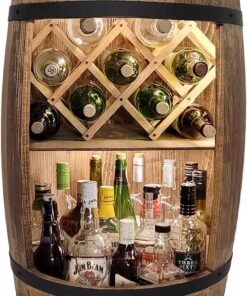 weeco Tonneau Bar en Bois avec Éclairage LED – Casier à Vin avec 2 Étagères et Porte-Bouteilles – Bar Rustique pour Salon ou Cave à Vin – Décoration Vintage – 80x50cm Marron