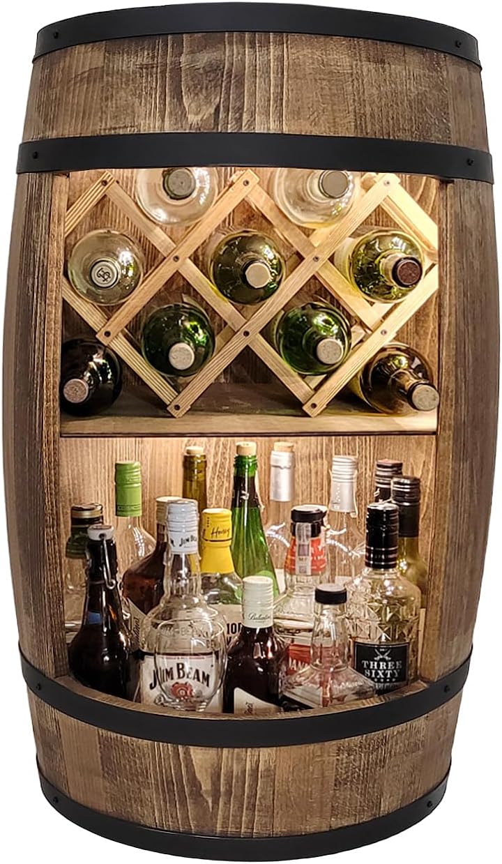 weeco Tonneau Bar en Bois avec Éclairage LED – Casier à Vin avec 2 Étagères et Porte-Bouteilles – Bar Rustique pour Salon ou Cave à Vin – Décoration Vintage – 80x50cm Marron