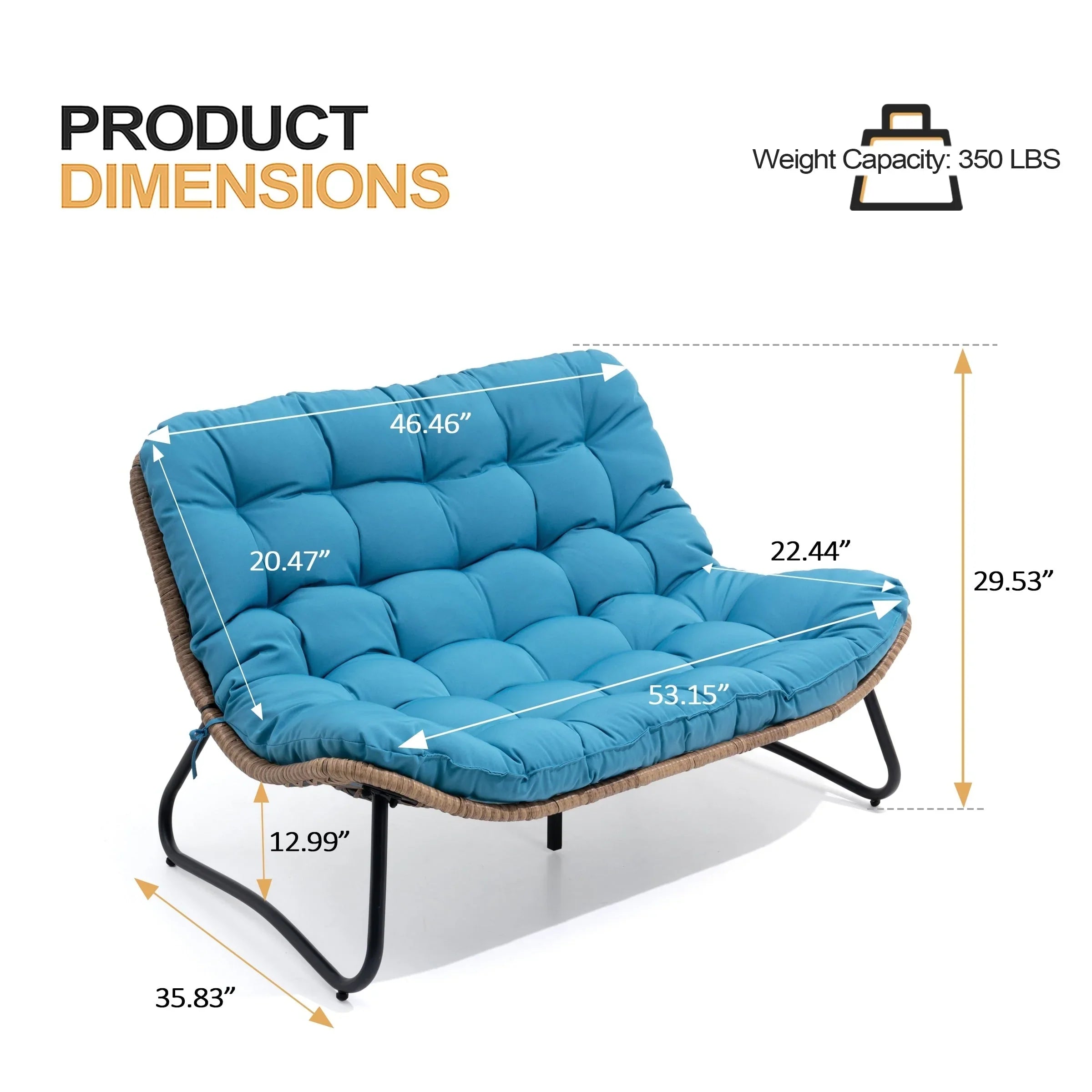 Double Papasan Chair Loveseat with Cushion, All-weather PE Rattan and Metal Frame for Indoor Outdoor – Image 3