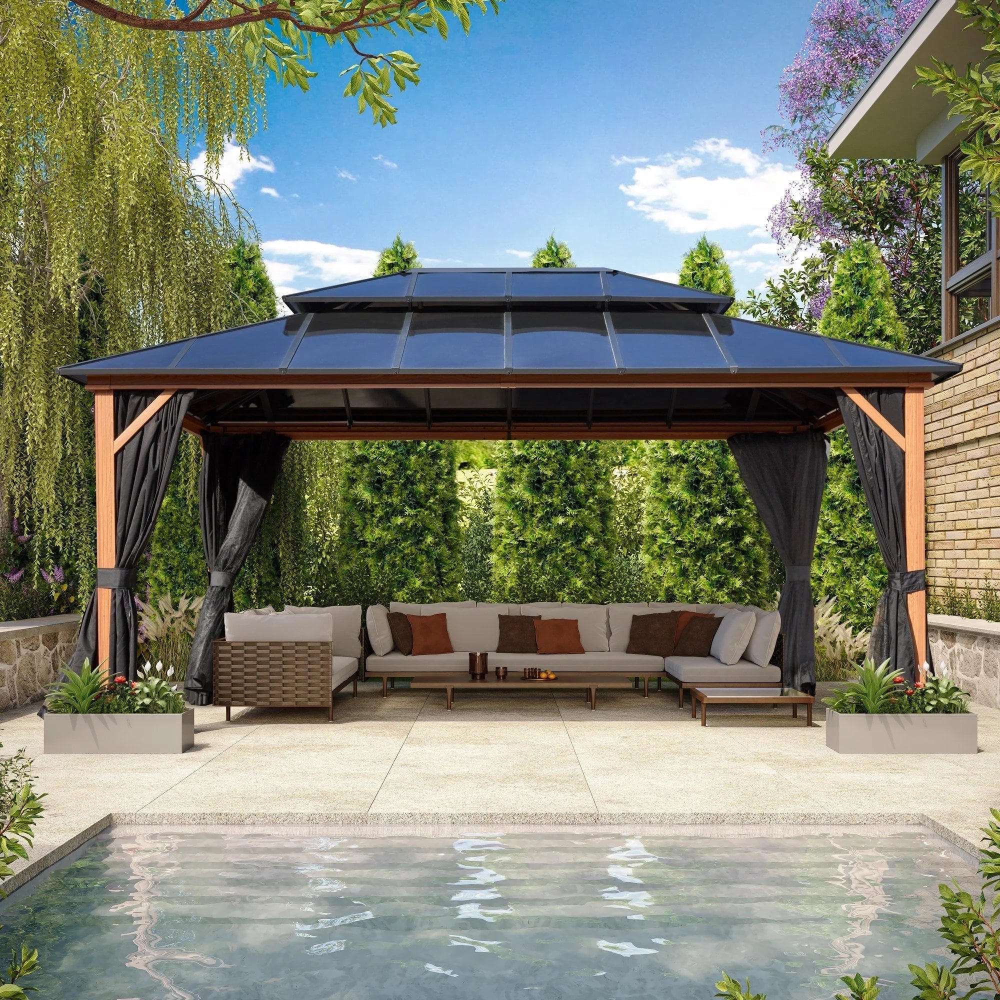 EROMMY Hardtop Gazebo,Outdoor Pergola with Double Roof & Netting & Curtains,Heavy Duty Canopy for Patio, Backyard, Pool party – Image 118