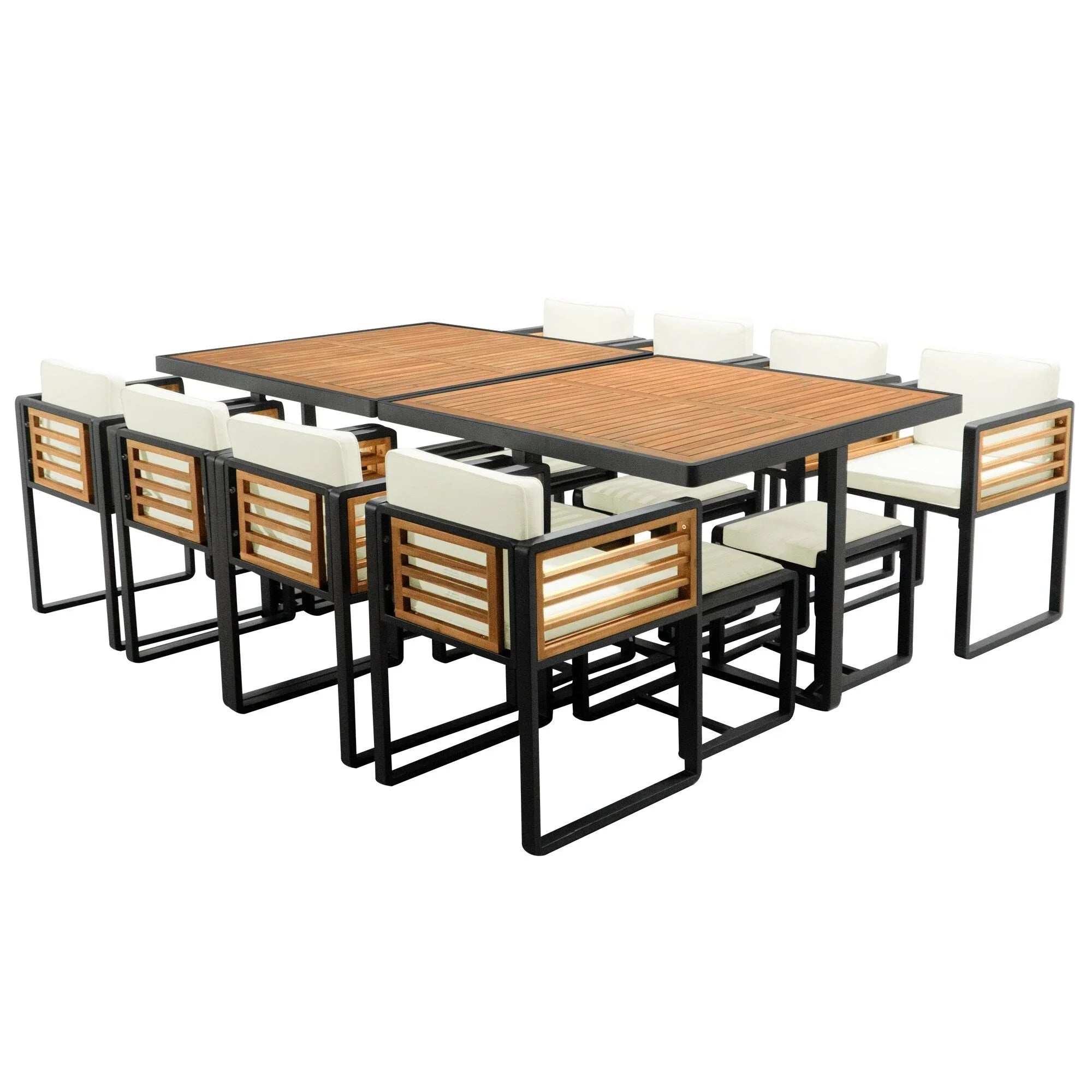 18-Pieces Acacia Wood Patio Dining Set, 8 Cushioned Chairs & 8 Ottomans & 2 Square Table – Image 14