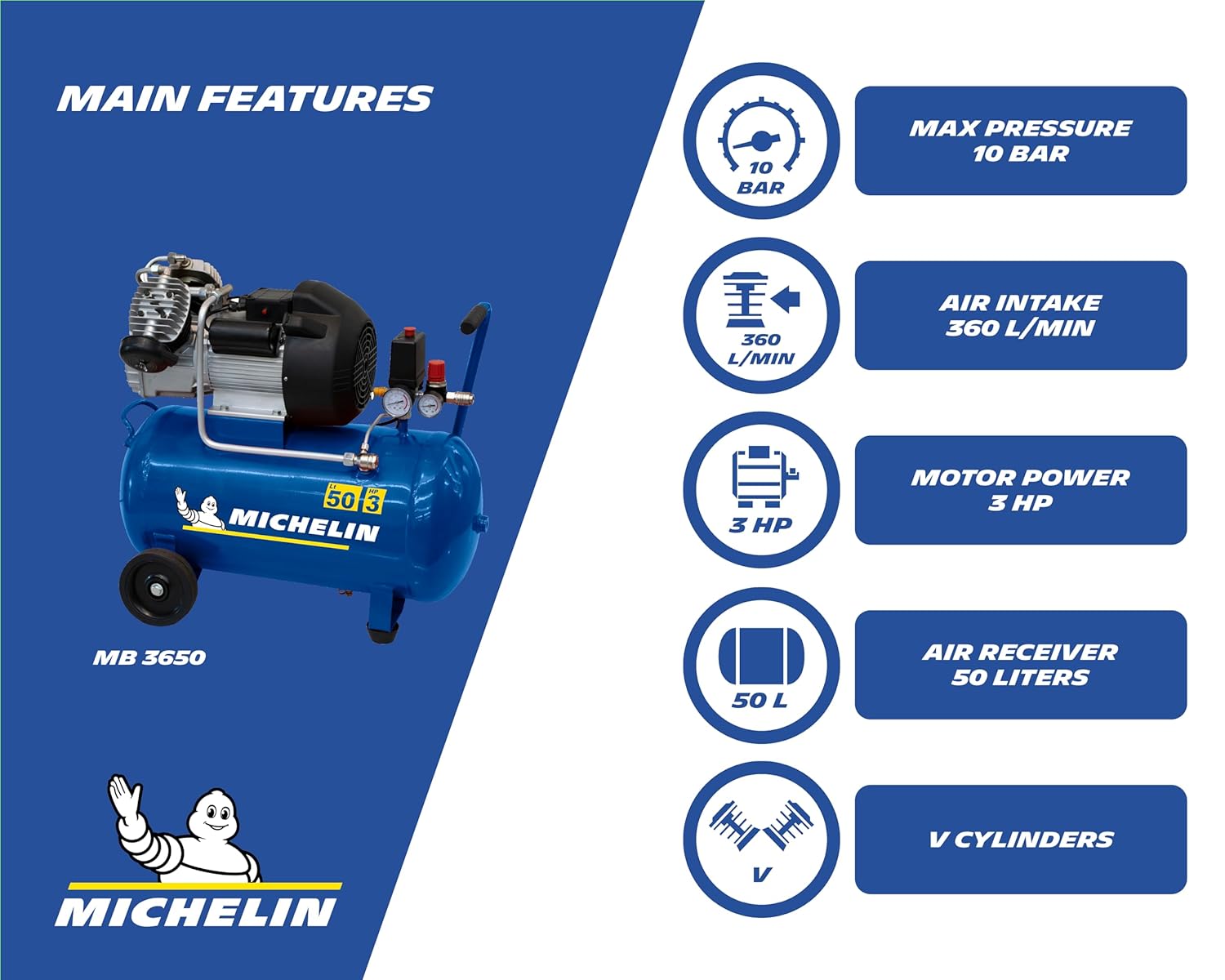 MICHELIN Compresseur d'Air Portatif MB3650 - Cuve 50 Litres - Moteur 3 cv - Pression Maximale 10 bar - Débit d'Air 360 l/min - 21.6 m³/h – Image 2