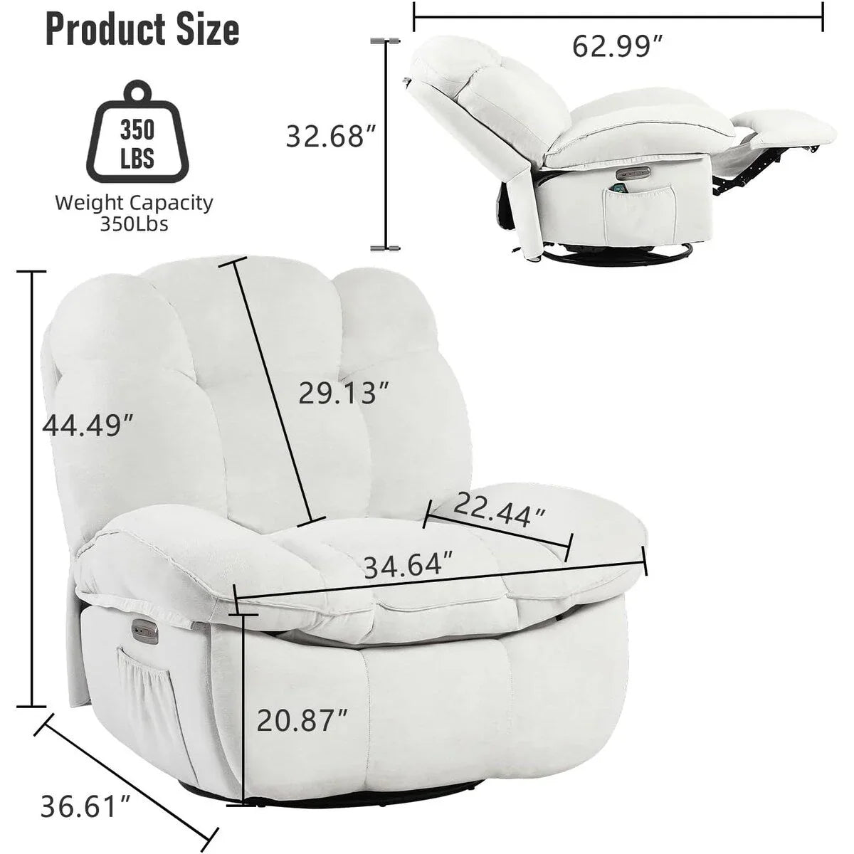 XINMICS Swivel Power Recliner Chair, Massage Rocker Recliners with Heated ,USB, USB-C and Side Pocket – Image 15