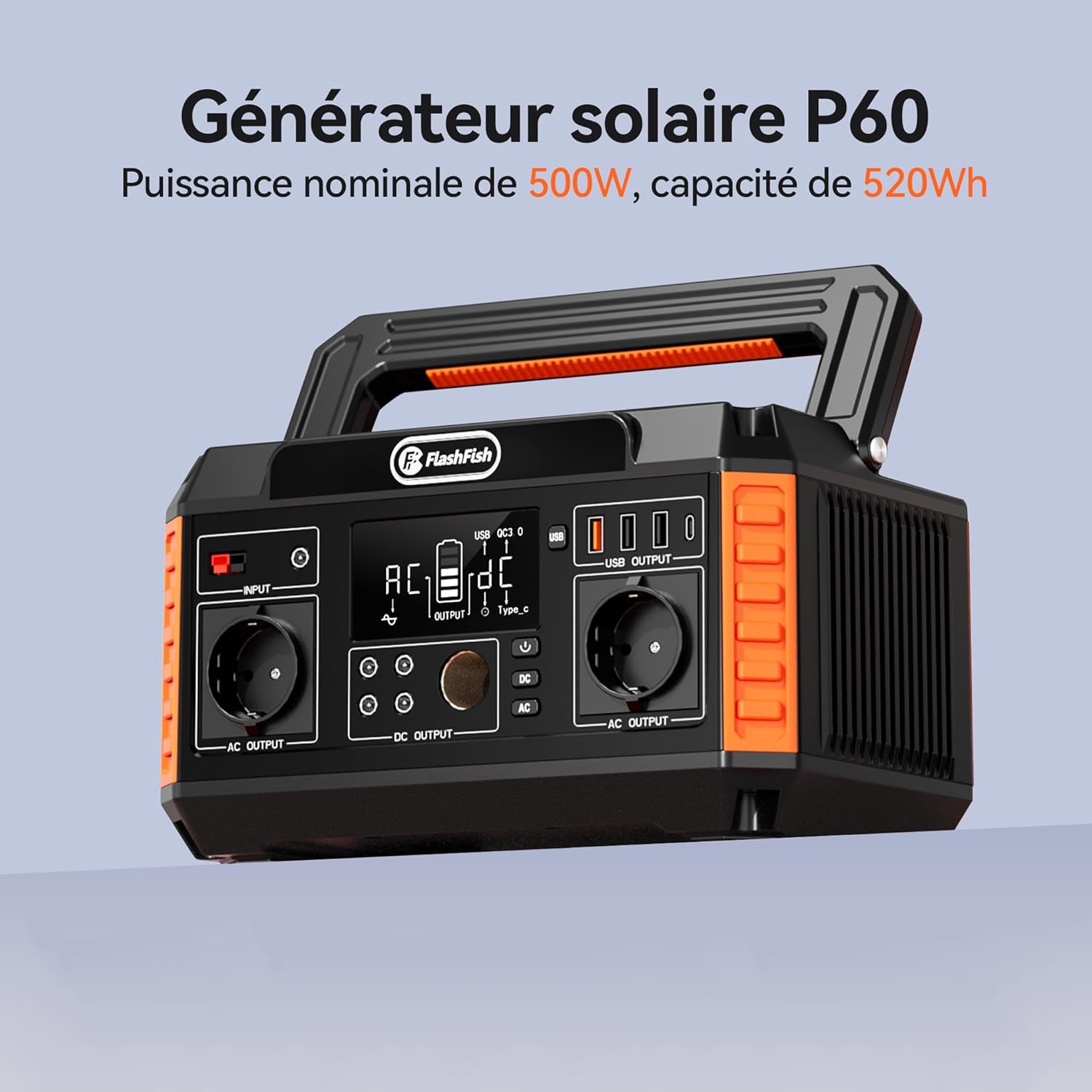 FlashFish 520Wh Generateur Electrique avec Panneau Solaire 100W,Station Electrique Portable avec 2x CA 560W(crête 1100W),5x Sorties CC et 4x USB,Batterie de Secours pour Camping,Extérieur,Domestique – Image 2