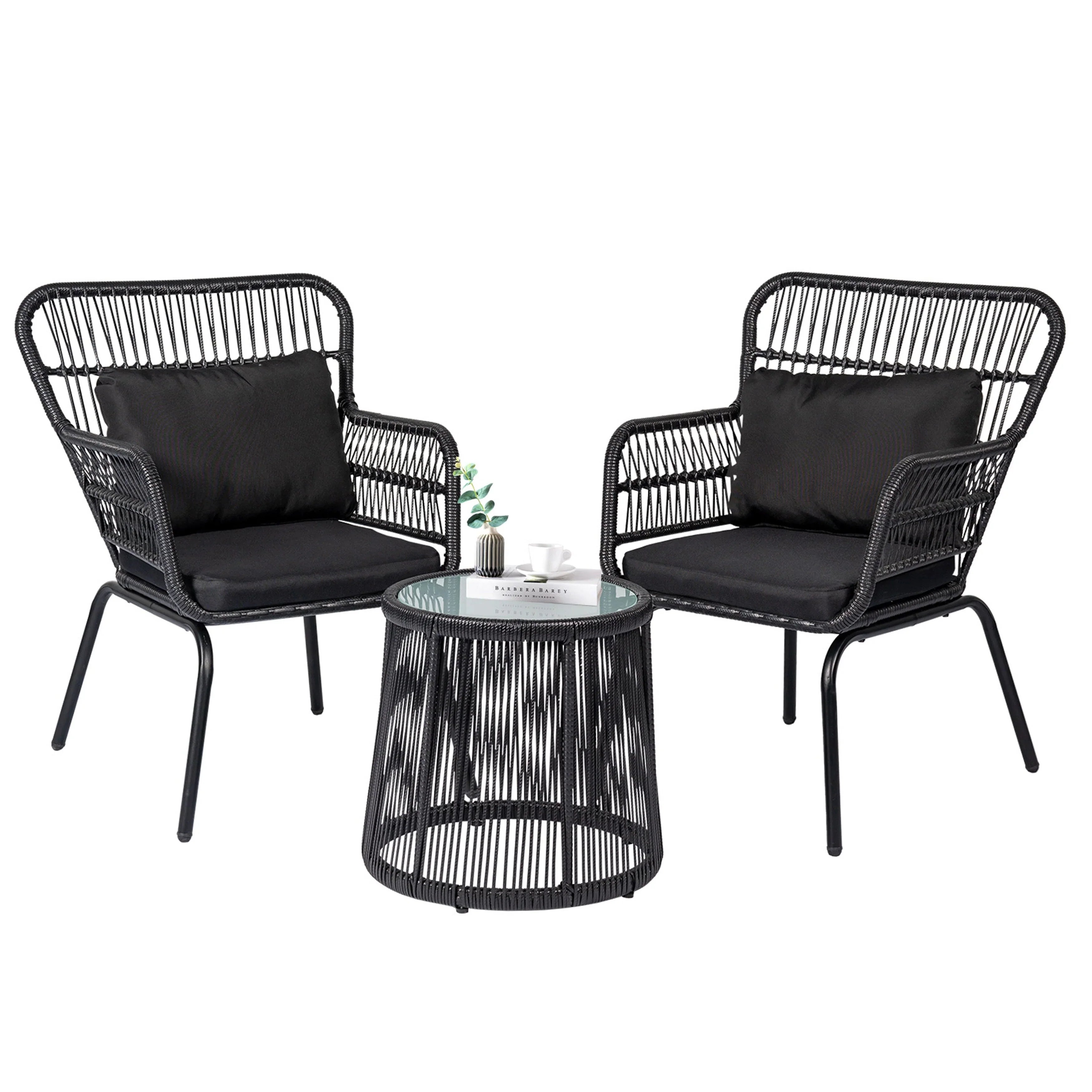 3 Piece Outdoor Wicker Conversation Bistro Set, All-Weather Rattan Furniture Patio Chairs Set with Cushions – Image 48