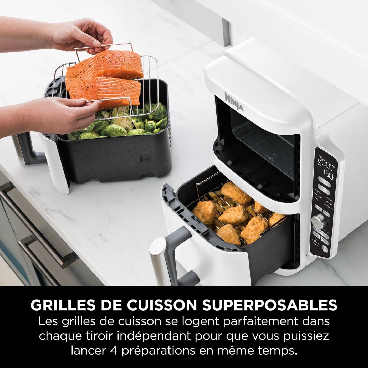 NINJA Double Stack XL Air Fryer, Friteuse sans huile Verticale Double Tiroir 4 Niveaux de Cuisson, 2 Tiroirs, 2 Grilles, Capacité de 9,5 L, 6 Fonctions, 8 Portions, Pinces, Blanc SL400EUWH – Image 6