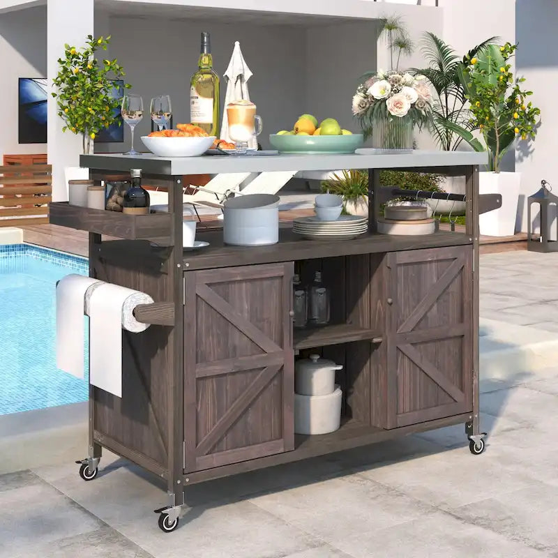 Outdoor Kitchen Island, Rolling Bar Cart & Storage Cabinet,Solid Wood Grill Table with Stainless Steel Top,Spice Rack,Towel Rack – Image 5