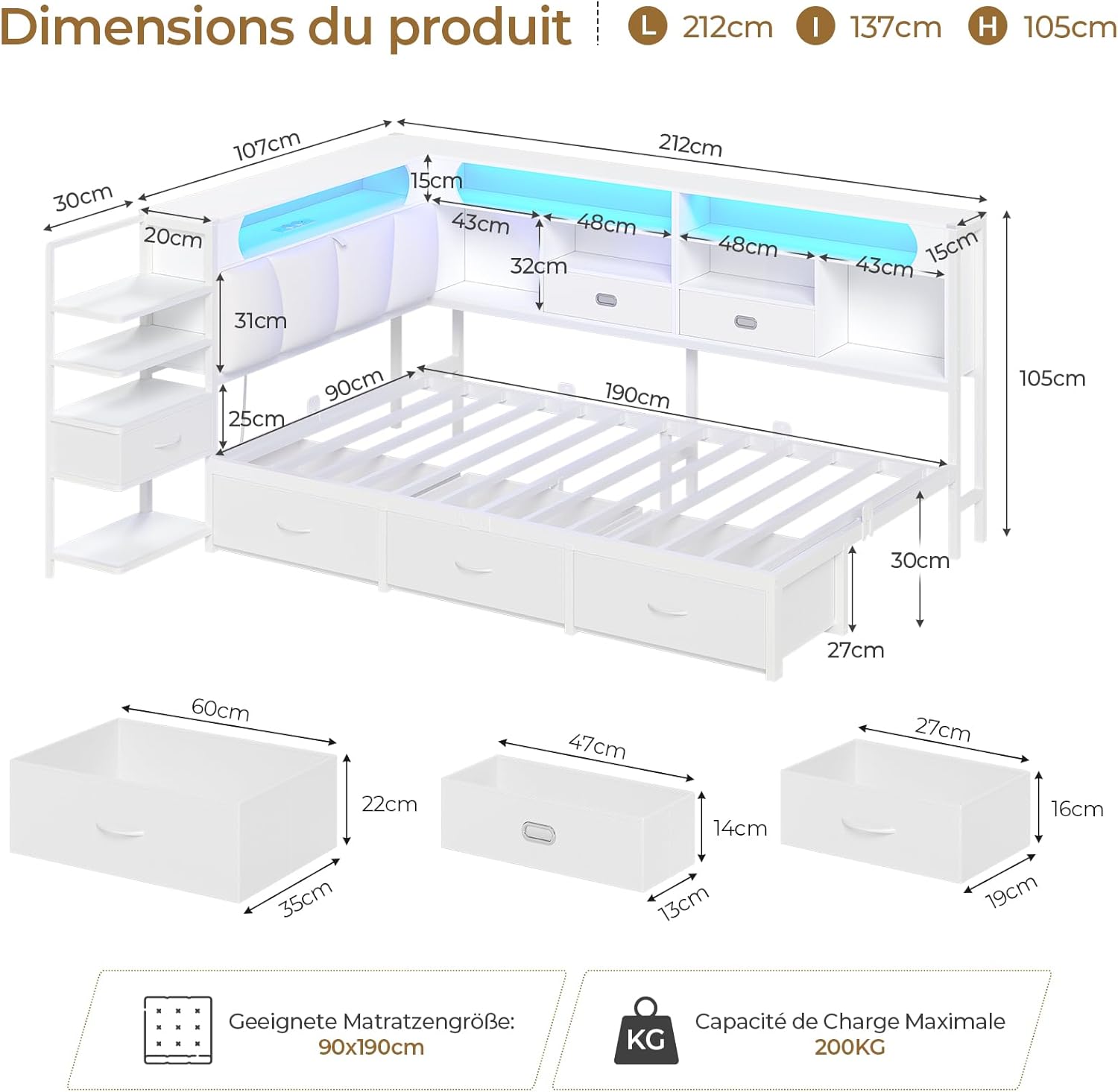 DICTAC Lit 90x190 en L – Banquette-Lit 1 Place avec Tête de Lit Capitonnée (Rangement Secret + Table de Nuit Intégrée), LED RGB & Recharge | Idéal pour Studio & Chambre (Blanc) | 3tiroirs sous le lit – Image 2