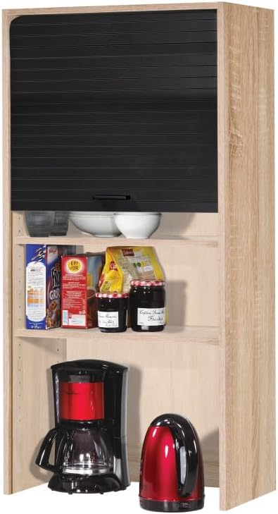 SIMMOB Meuble Haut de Cuisine Chêne Rideau Noir 4 Niches 60 x 124 x 35 cm