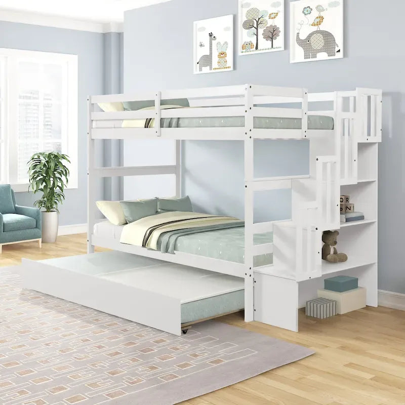 Twin over Twin Bunk Beds With Twin Trundle and Stairway Storage Function in Grey Color – Image 6