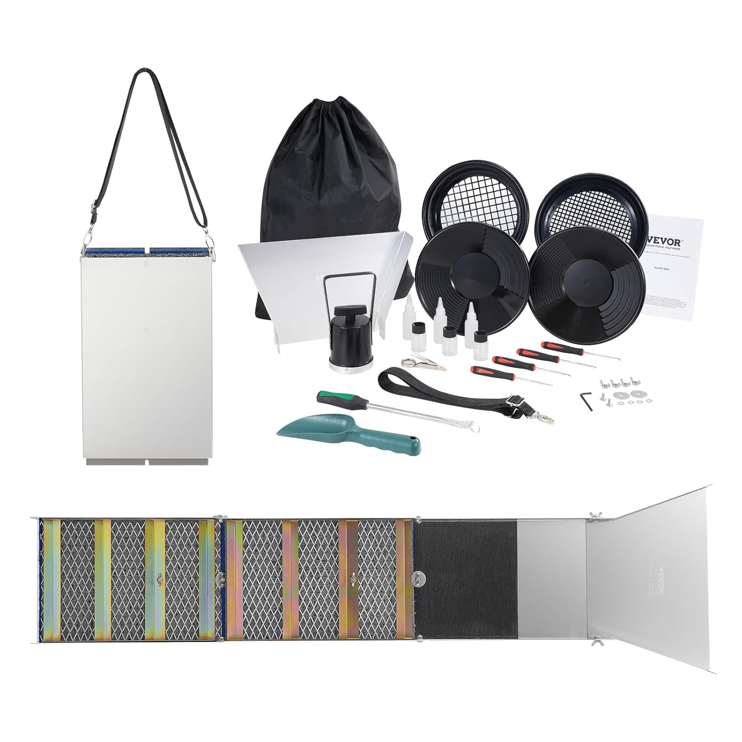 VEVOR Kit d'Orpaillage Portable 23 Pièces Rampe d'Orpaillage 127 cm en Aluminium Résistant avec Bâtée Tamis Pipettes Pelle et Sac de Transport Sluice pour Mineur Prospecteur d’Or Jardin Rivières – Image 2