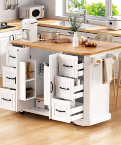 Alternative view of Expandable Drop-Leaf Kitchen Island, Kitchen Cart on 4 Wheels with Power Outlet, Moveable Island Table with 2 Door & 6 Drawers