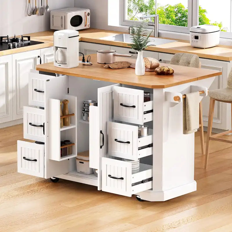 Expandable Drop-Leaf Kitchen Island, Kitchen Cart on 4 Wheels with Power Outlet, Moveable Island Table with 2 Door & 6 Drawers – Image 2