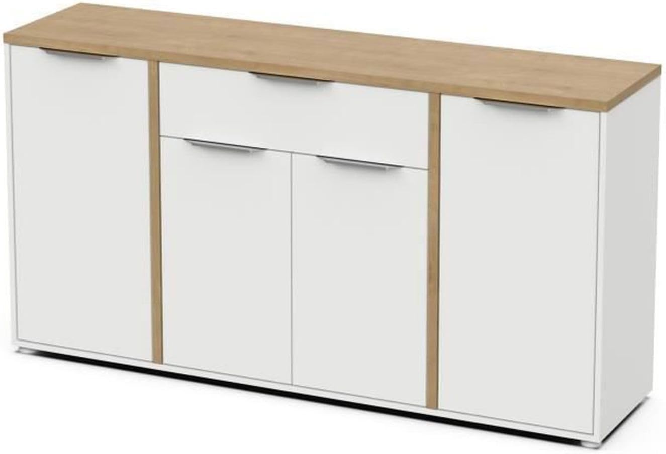 Buffet Moderne 4 Portes et 1 Tiroir - Style Scandinave - Coloris Blanc Mat et Chêne Hamilton - 160,7 x 39,6 x 85,6 cm – Image 5