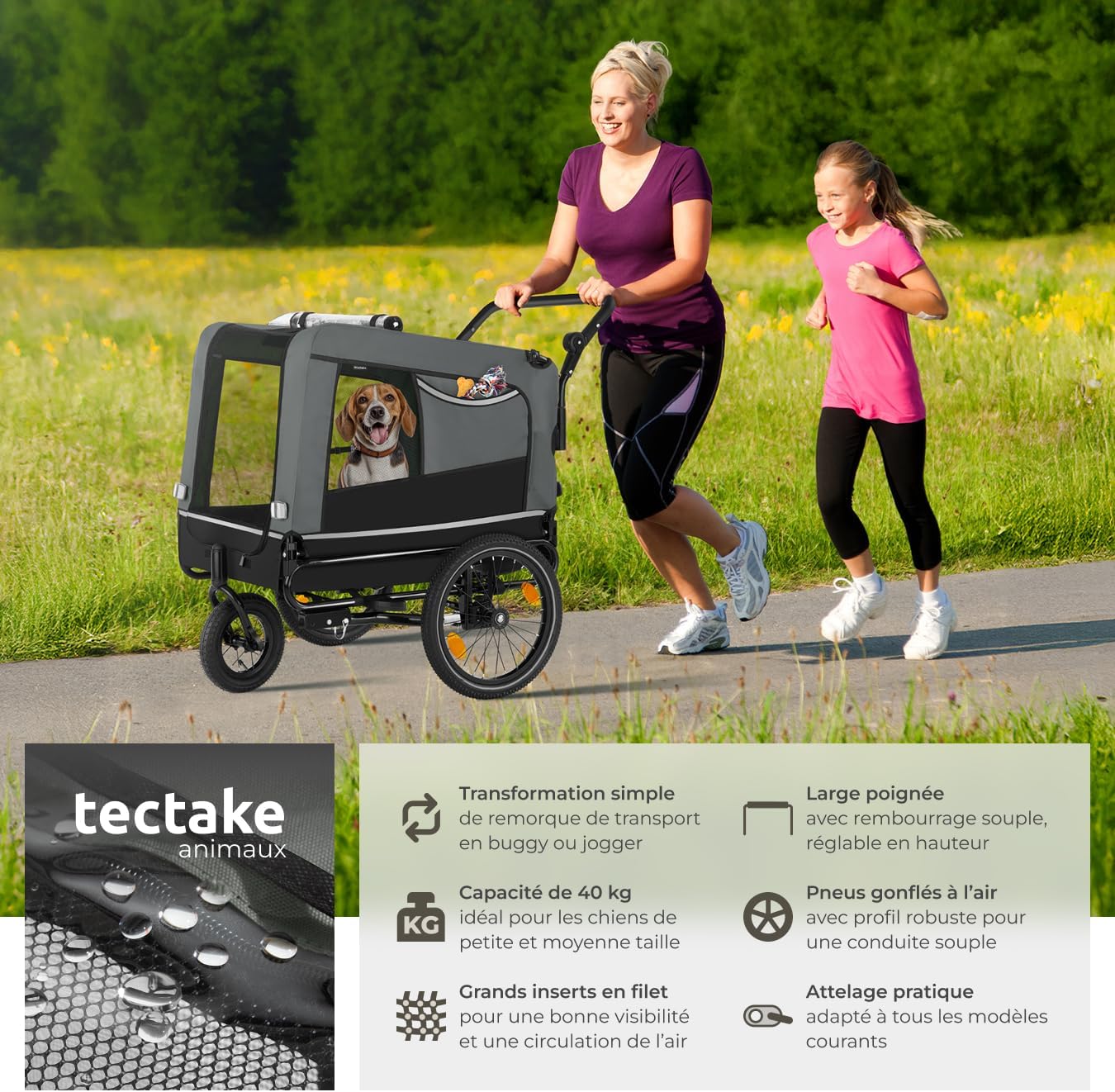 tectake® Remorque Velo Chien 3 en 1 Pliable avec Reflecteurs, Drapeau, Remorques Vélo pour Chiens Aussi comme Poussette Chien Animaux de Compagnie de Taille Moyenne Charge Maximale 40 kg – Image 2