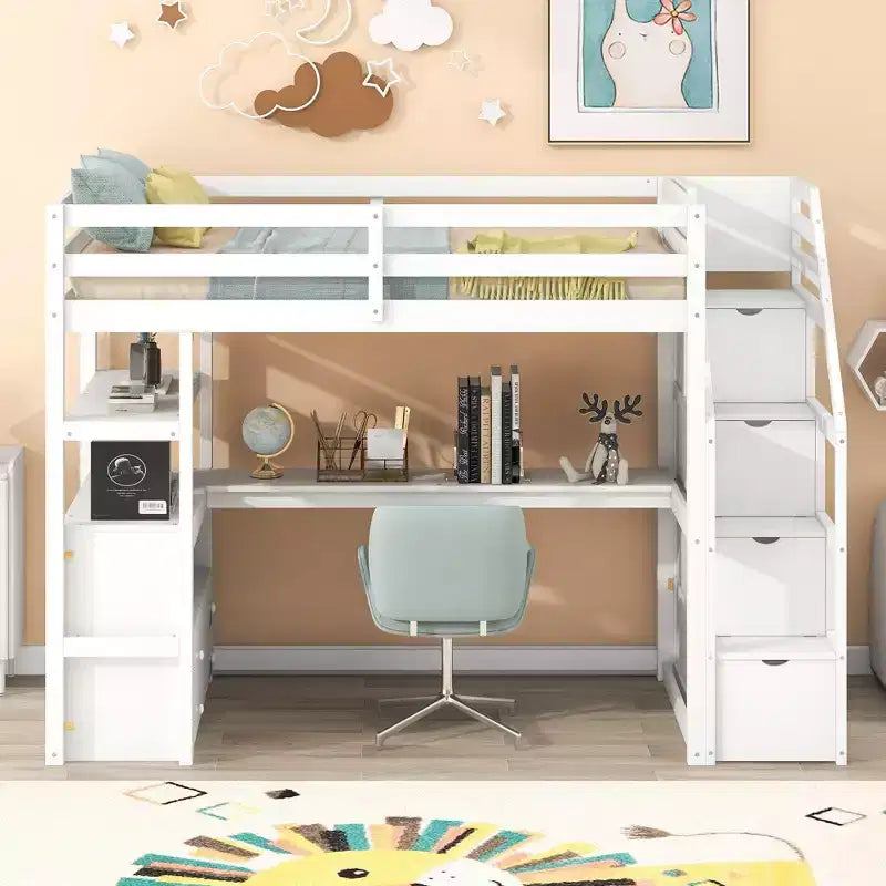 Okak Full/Twin Size Solid Wood Bunk Bed with 2 Built-in Drawers & Storage Staircase Loft Bunk Bed with Desk & Shelves for Kids Teens, Easy Assemble – Image 8