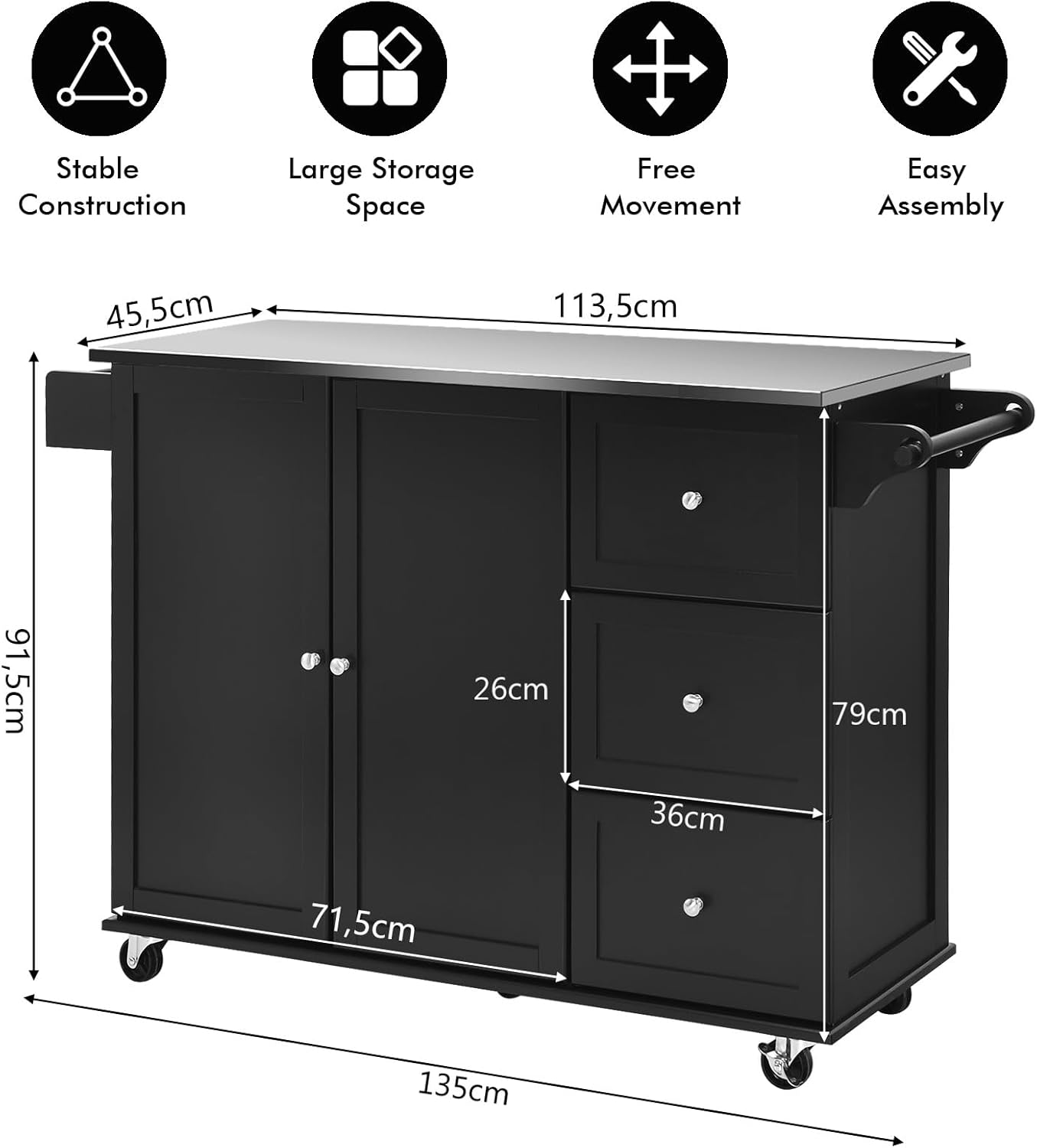 KOMFOTTEU Îlot Central Mobile avec Plan de Travail en Acier Inoxydable, Chariot de Cuisine avec 3 Tiroirs, Porte-Serviettes et Étagère réglable, Desserte sur roulettes, 135 x 45,5 x 91,5 cm Noir – Image 7