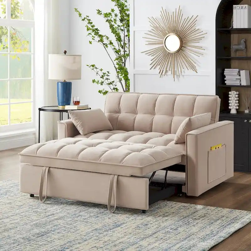 4 in1 Loveseat Sofa Bed with Armrests & Storage Pockets, Multi-Function Tufted Pull-out Sofa Bed with Adjustable Backrest – Image 37