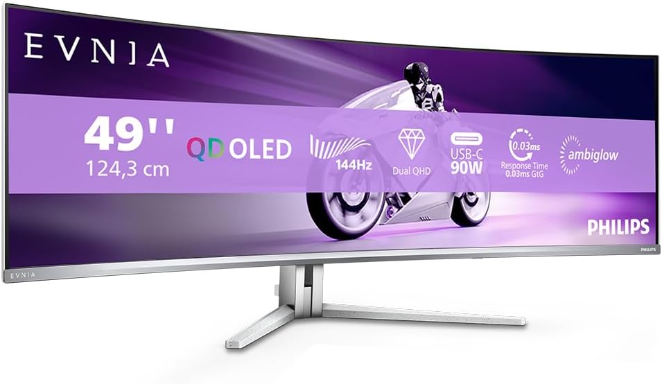 Philips Evnia 49M2C8900L - Moniteur de Jeu incurvé DQHD OLED de 49 Pouces, 144 Hertz, 0,03 ms GtG, HDR400, Ambiglow, FreeSync Prem. Pro (5120 x 1440, HDMI 2.1, DisplayPort 1.4, USB-C, hub USB) Blanc