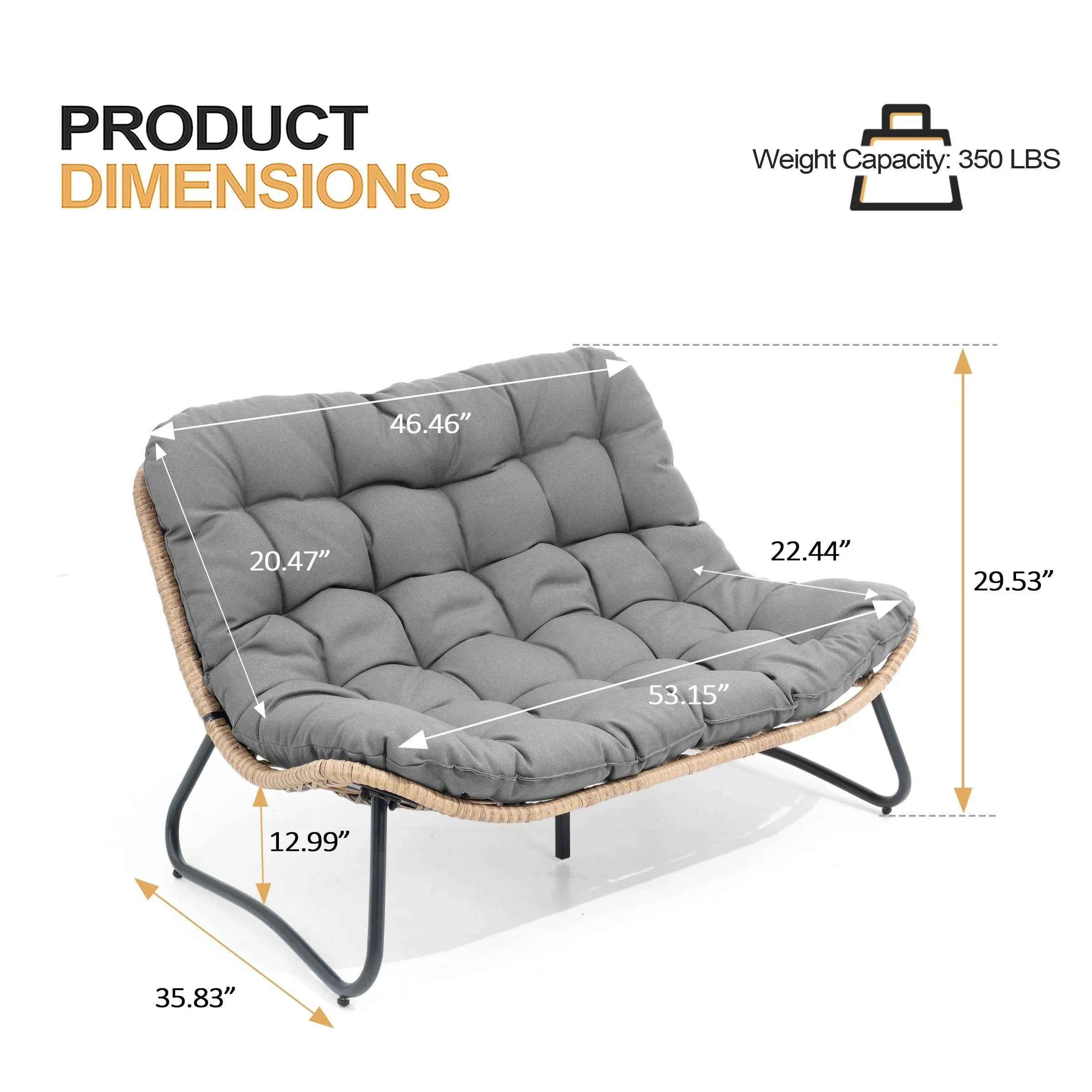 Double Papasan Chair Loveseat with Cushion, All-weather PE Rattan and Metal Frame for Indoor Outdoor – Image 42