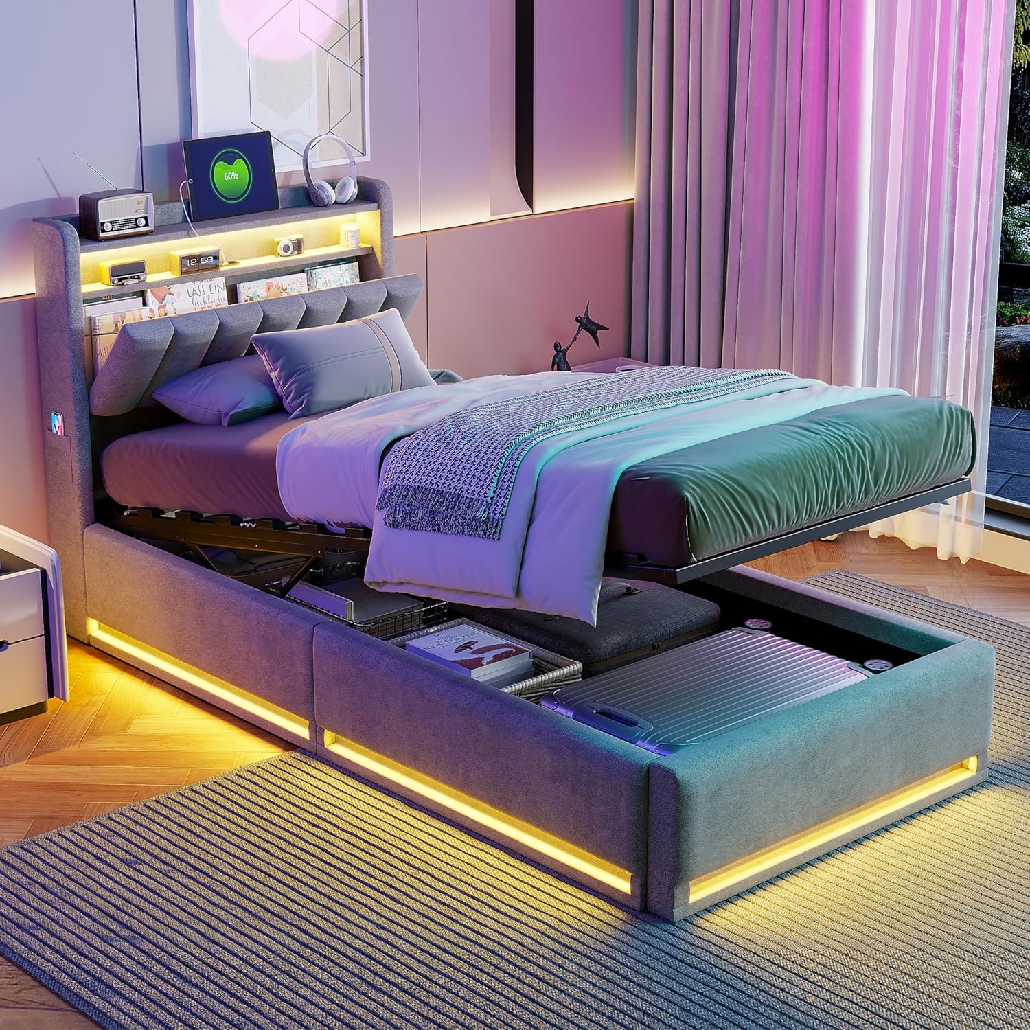 Lit Coffre 90x200 cm avec LED et Ports USB,Tête de Lits avec Rangement,Lit Double avec Sommier à Lattes, Facile à Assembler,pour Adultes et Adolescents,Velours (Gris, 90x200 cm) – Image 8