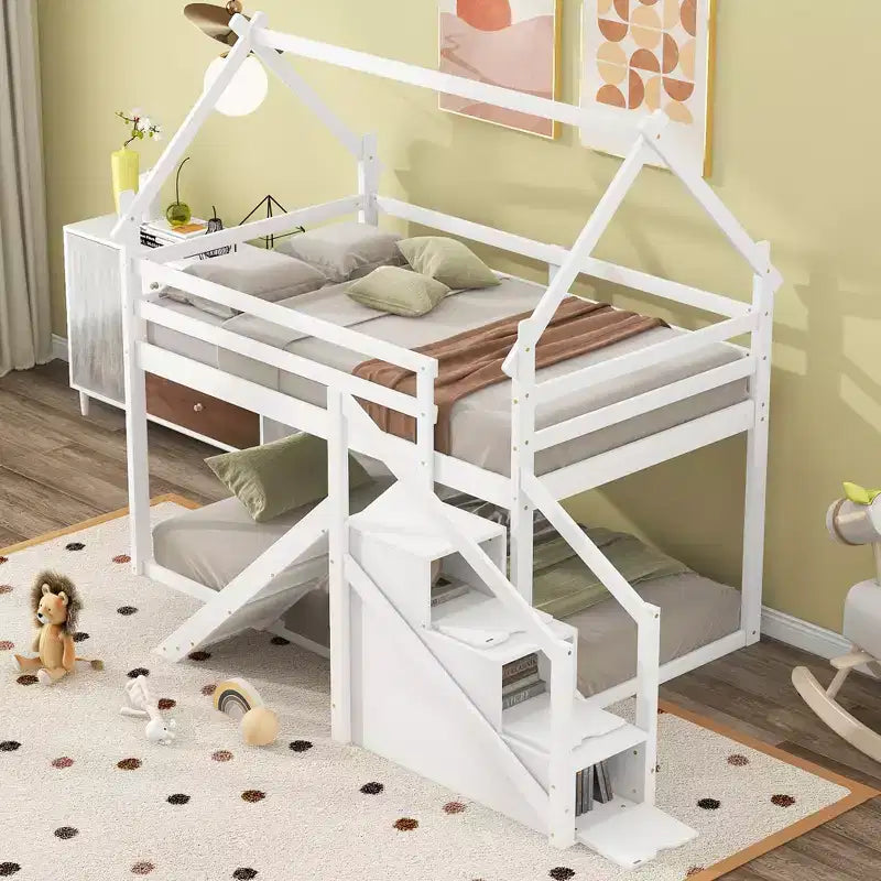 House Bunk Beds with Slide and Storage Stairs, Kids Wood Twin over Twin Bunk Bed with Roof and Stairs for Girls Boys – Image 3