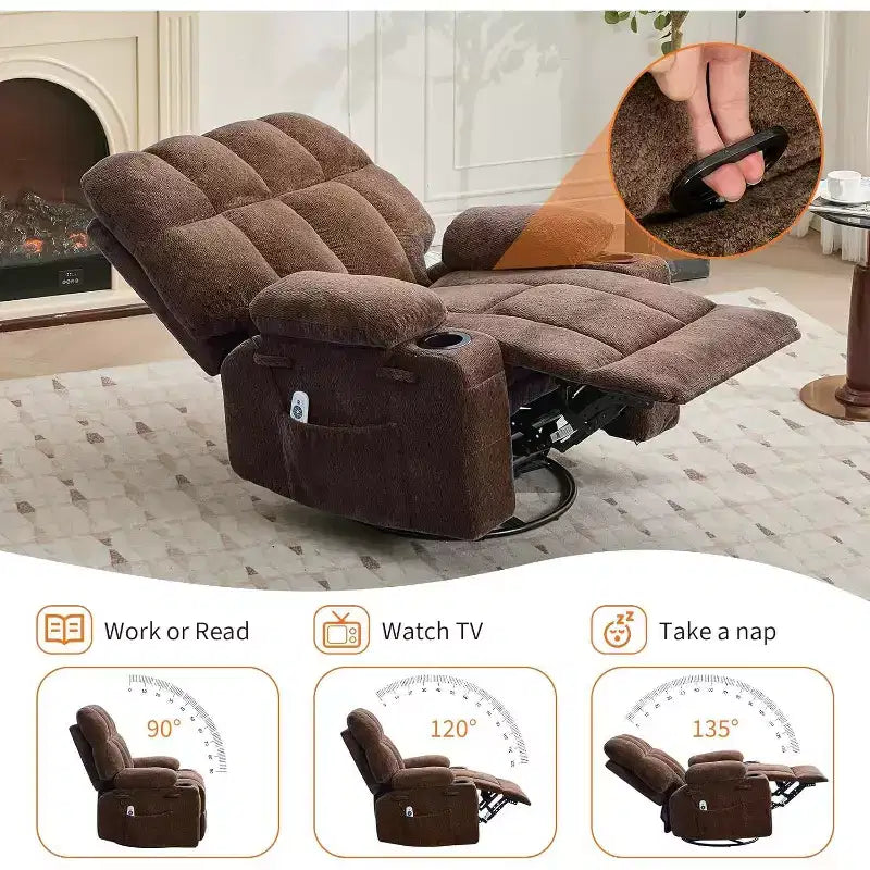 Oversized Recliner Chair for Adults, Manual Swivel Rocker Sofa, Side Pockets & Cup Holders for Big and Tall Persons, Living Room – Image 2